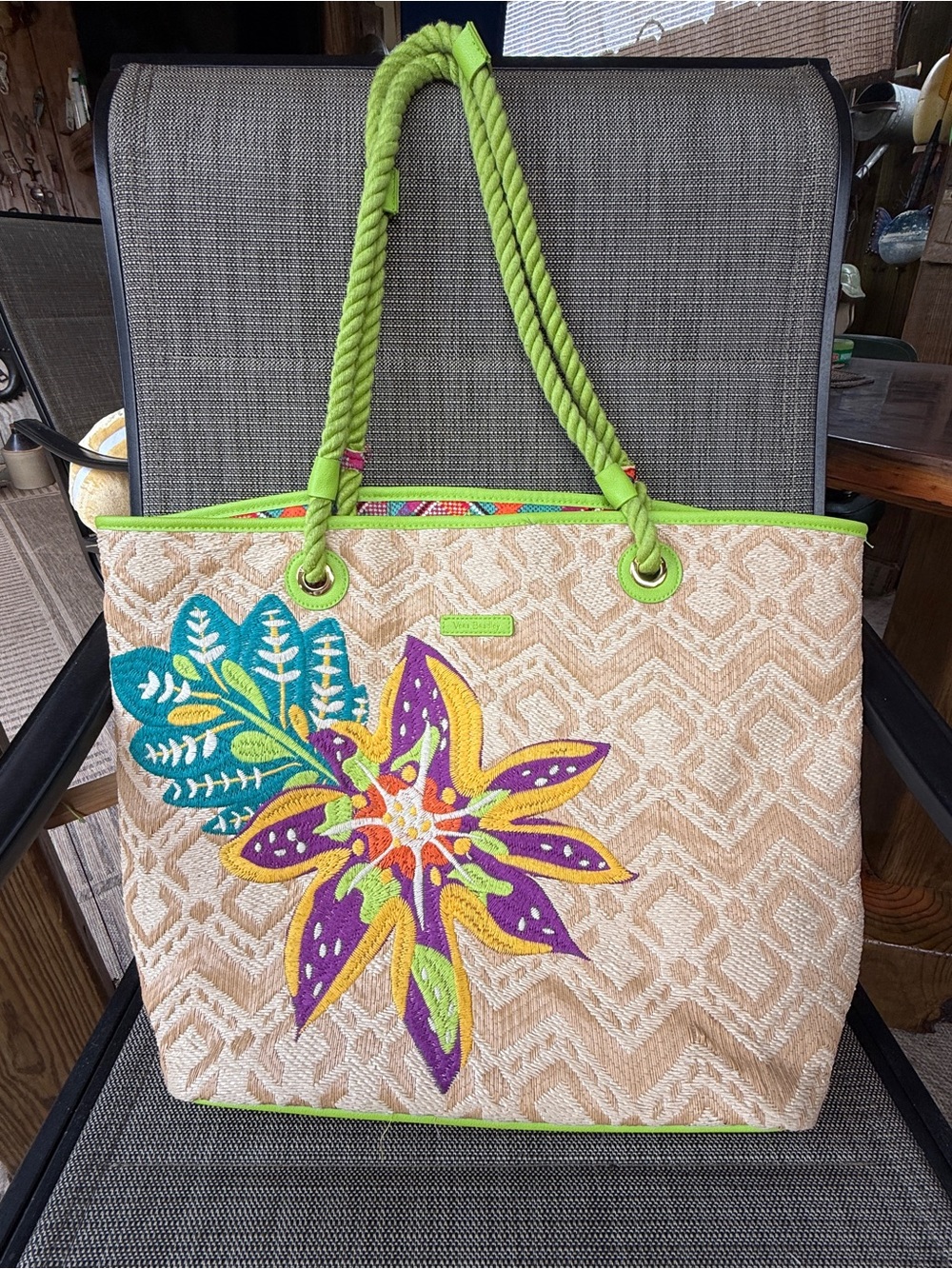 Vera Bradley Embroidered Tropical Tote Beach Bag Lime Green Large